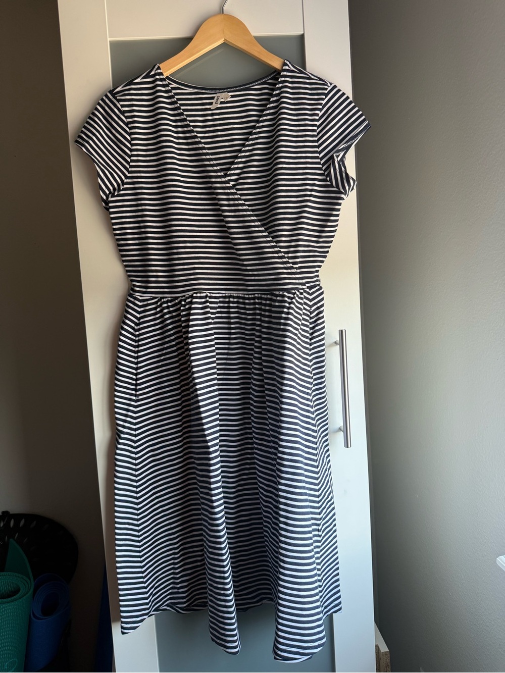 Pact navy and White Striped Faux-Wrap Midi Dress